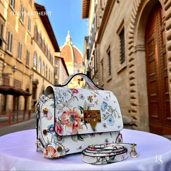 Floral White Handmade Leather Tote Bag - Picture 1 of 9